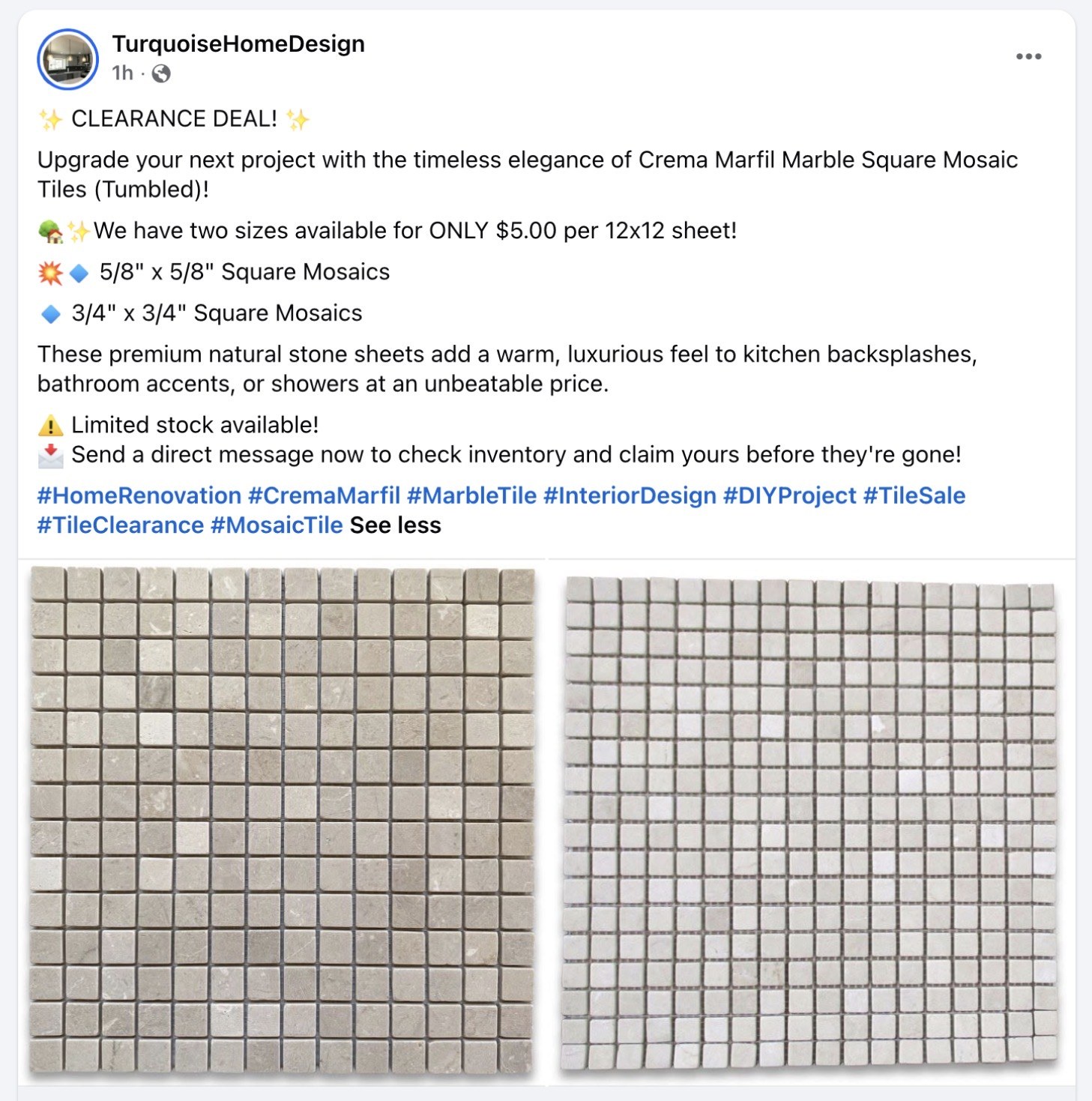 Crema Marfil marble square mosaic clearance tile