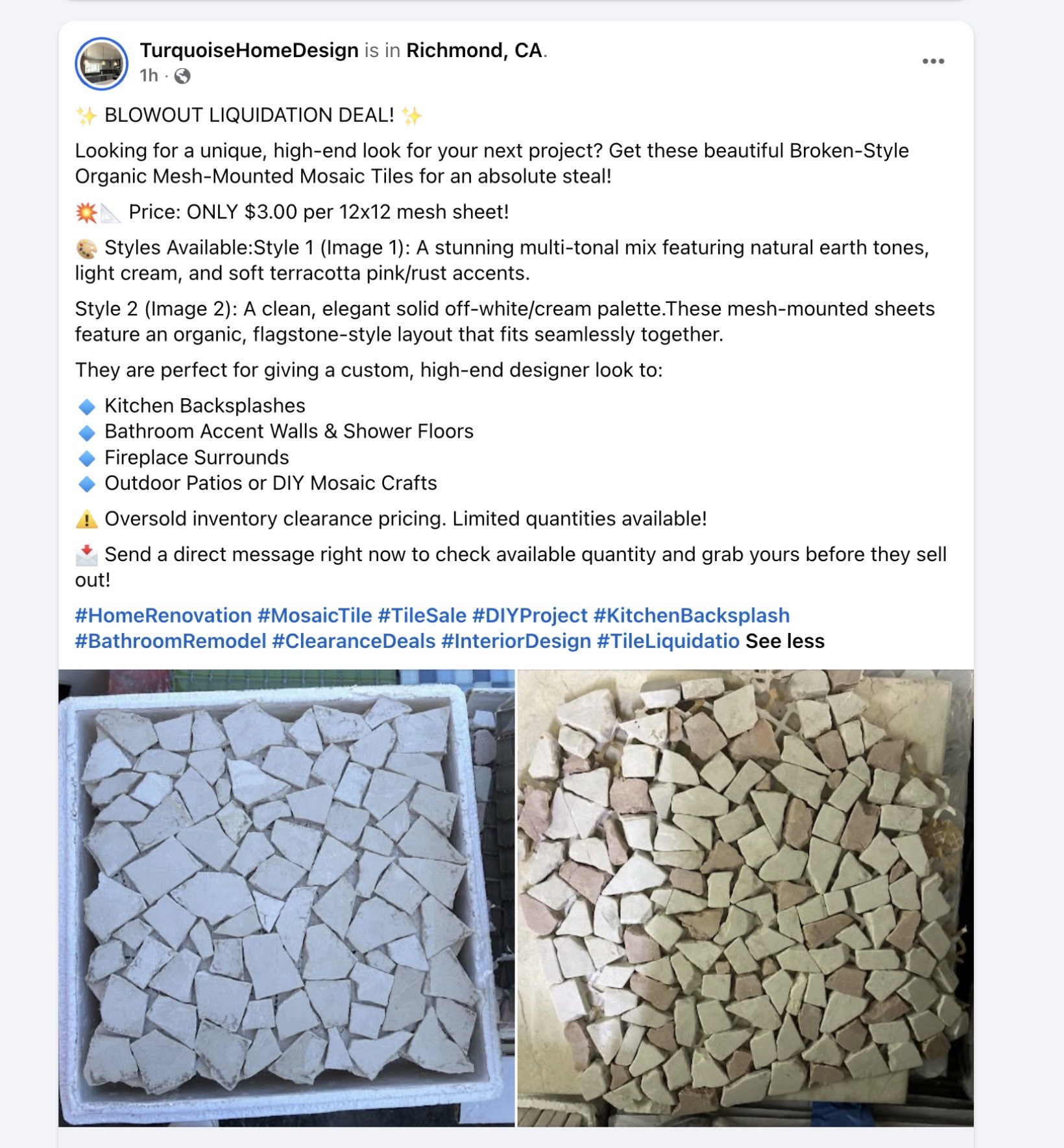 Organic broken-style mesh mounted mosaic clearance tile